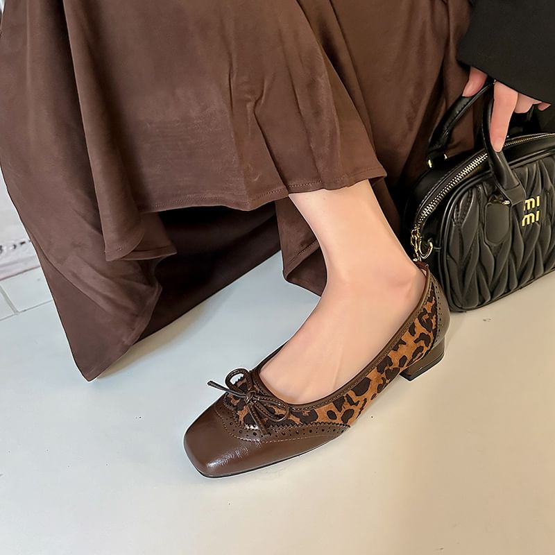 Pumps Accent Panel Heel Print Bow Leopard Faux Brogue Low Leather