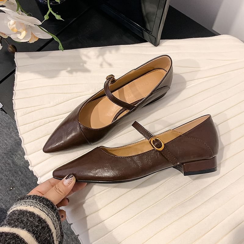 Mary Toe Low Plain Pointed Faux Pumps Jane Leather Heel Buckled