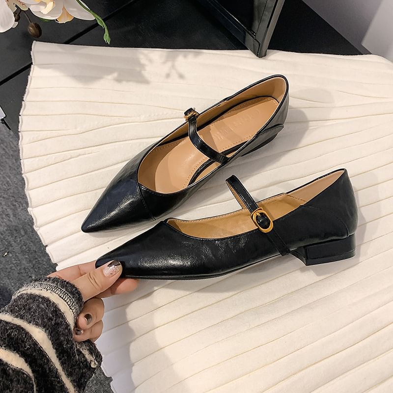 Mary Toe Low Plain Pointed Faux Pumps Jane Leather Heel Buckled