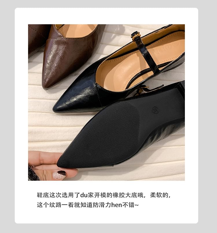Mary Toe Low Plain Pointed Faux Pumps Jane Leather Heel Buckled