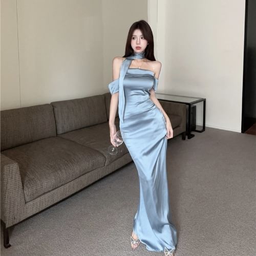 Satin Evening Mermaid Scarf Off-Shoulder Plain Gown + Set: