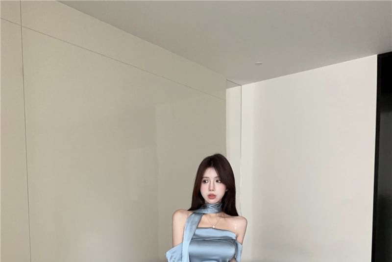 Satin Evening Mermaid Scarf Off-Shoulder Plain Gown + Set: