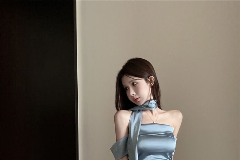 Satin Evening Mermaid Scarf Off-Shoulder Plain Gown + Set: