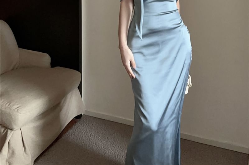 Satin Evening Mermaid Scarf Off-Shoulder Plain Gown + Set: