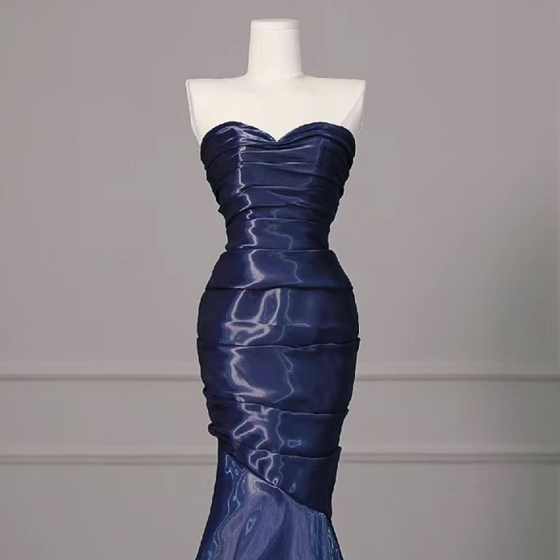 Strapless Gown Shirred Asymmetrical Evening Mermaid