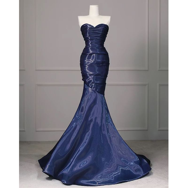 Strapless Gown Shirred Asymmetrical Evening Mermaid