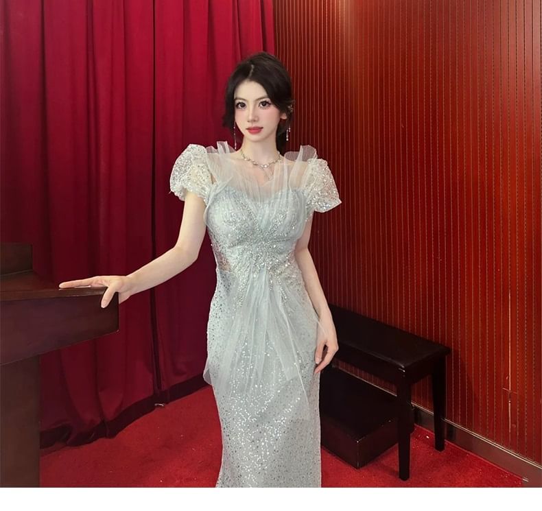 Mermaid Evening Cutout Sequined Puff-Sleeve Gown