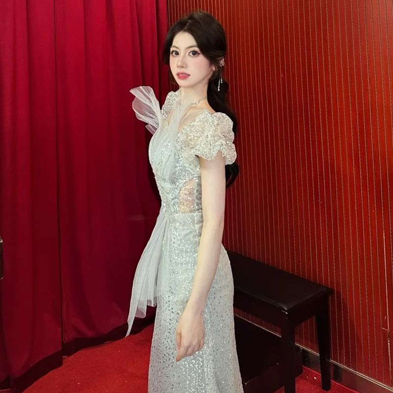 Mermaid Evening Cutout Sequined Puff-Sleeve Gown