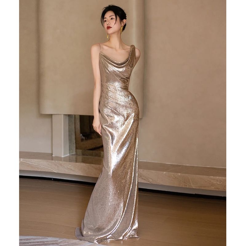 Mermaid Evening Spaghetti Gown Sequined Asymmetrical Strap