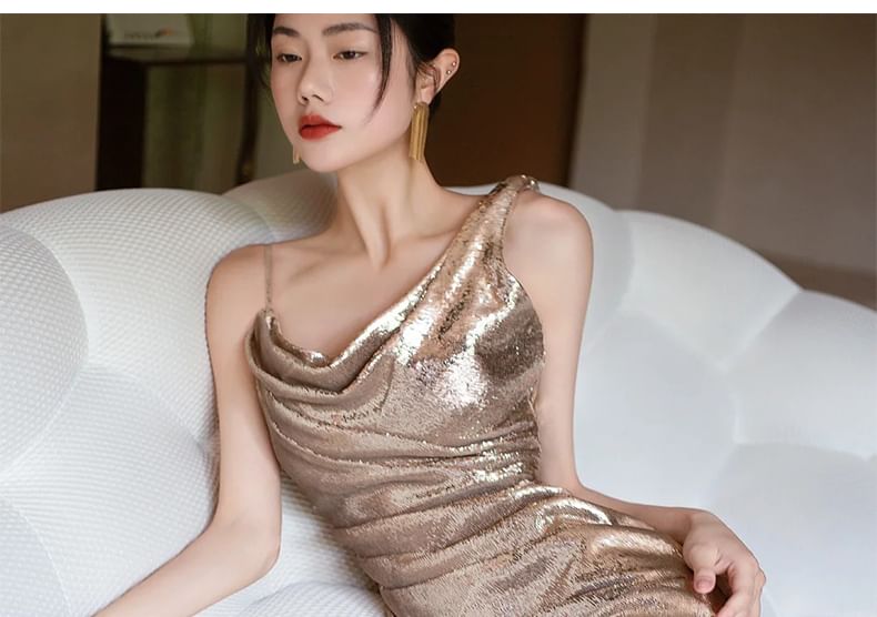 Mermaid Evening Spaghetti Gown Sequined Asymmetrical Strap