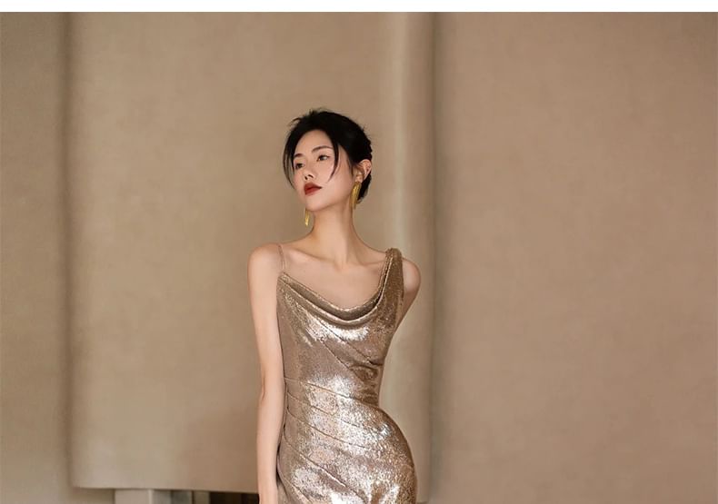 Mermaid Evening Spaghetti Gown Sequined Asymmetrical Strap
