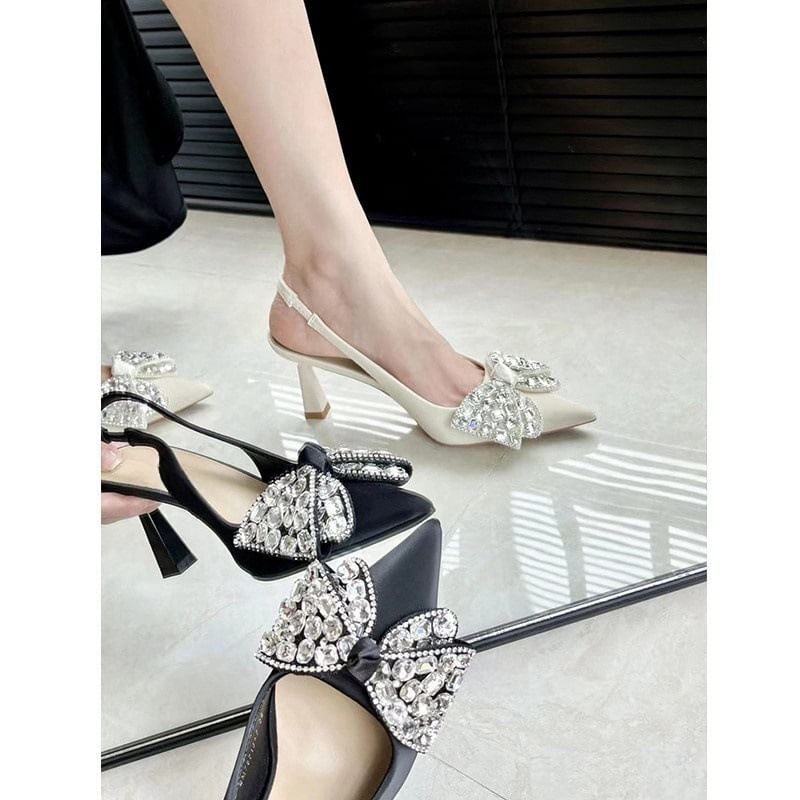 Pumps Rhinestone Toe Slingback Pointed Bow
