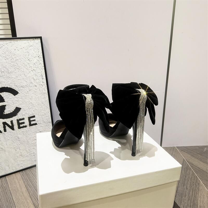 Velvet Ankle Toe Strap Fringe Pointed Bow Rhinestone Platform