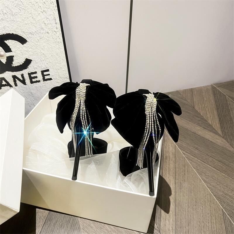 Velvet Ankle Toe Strap Fringe Pointed Bow Rhinestone Platform