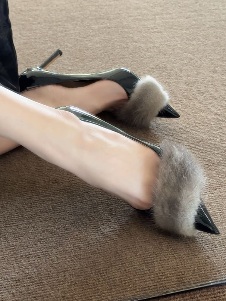 Patent Stiletto Leather Panel Pointed Fur Pumps Toe Faux