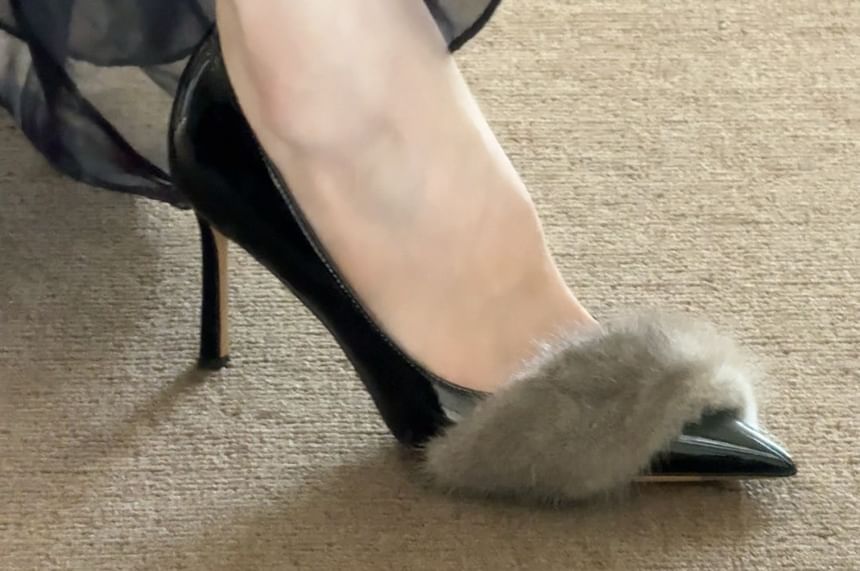 Patent Stiletto Leather Panel Pointed Fur Pumps Toe Faux