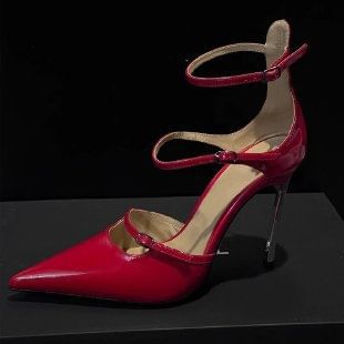 Leather Ankle Strap Pumps Pointed Toe Patent Stiletto