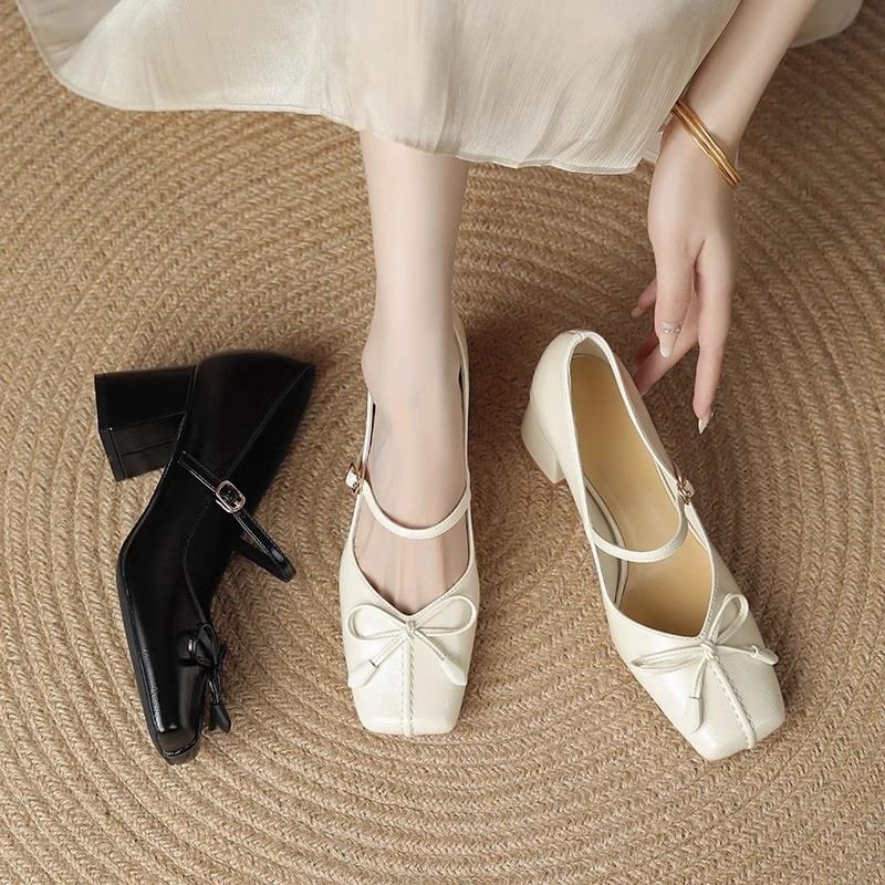 Jane Mary Square Bow Toe Heel Block Pumps