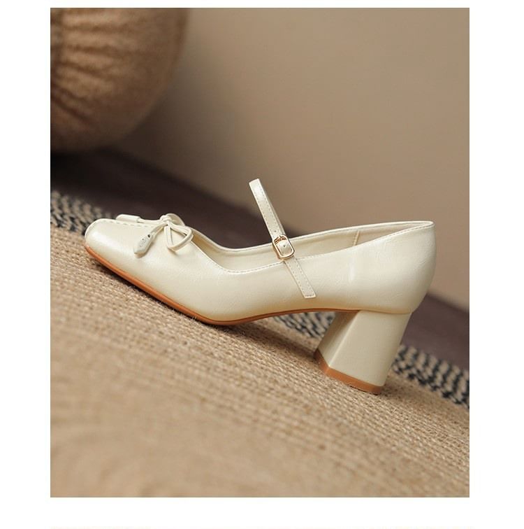 Jane Mary Square Bow Toe Heel Block Pumps