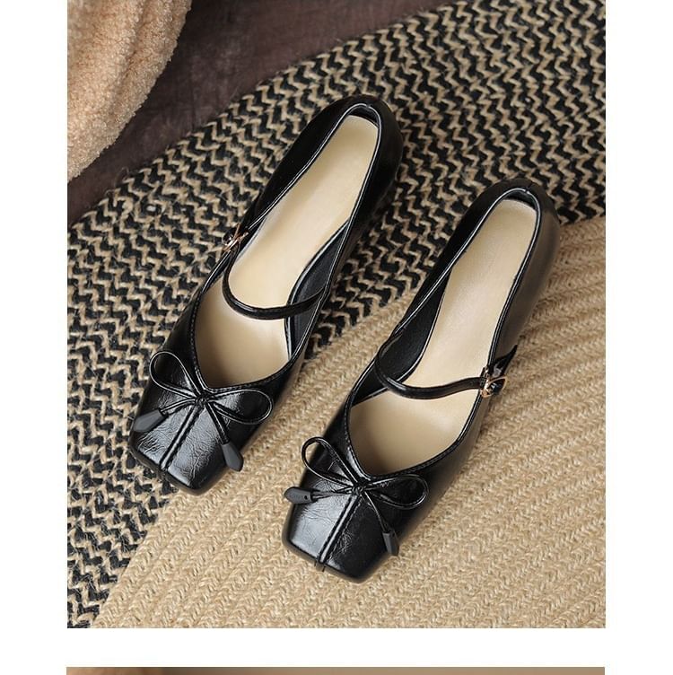 Jane Mary Square Bow Toe Heel Block Pumps