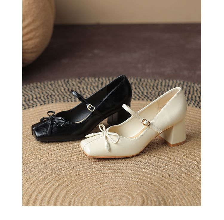 Jane Mary Square Bow Toe Heel Block Pumps