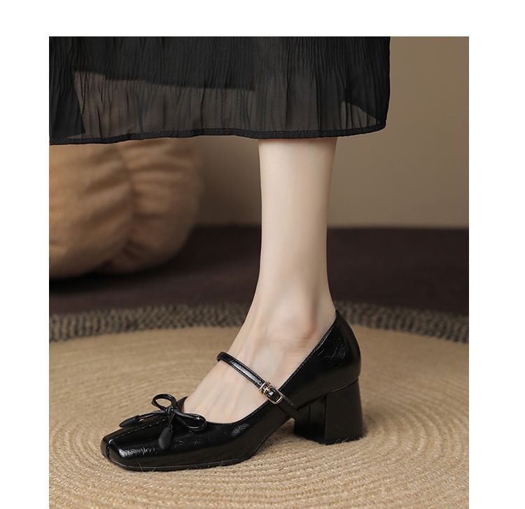 Jane Mary Square Bow Toe Heel Block Pumps