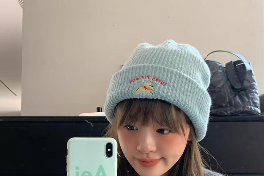 Knit Embroidered Dog Beanie