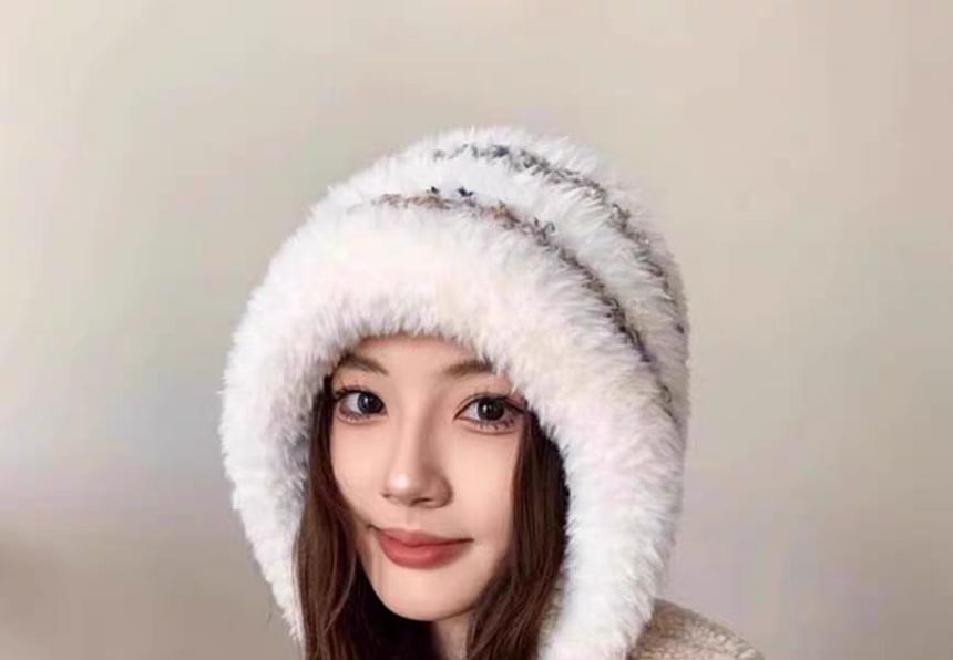 Trapper Knit Striped Hat Fluffy