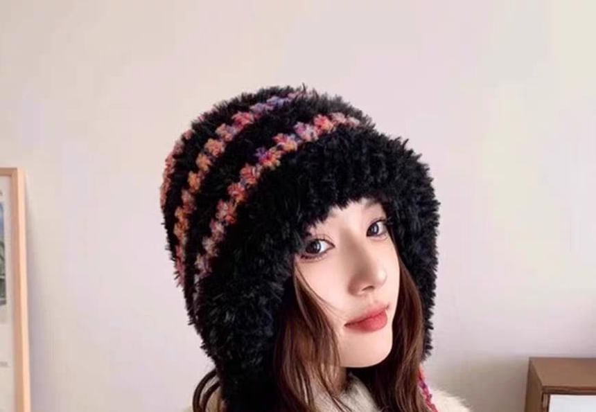 Trapper Knit Striped Hat Fluffy