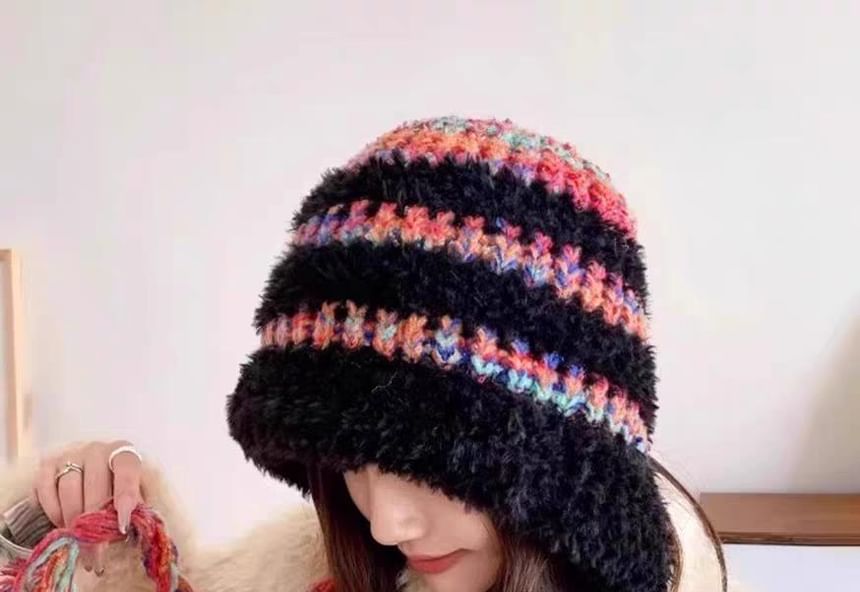Trapper Knit Striped Hat Fluffy