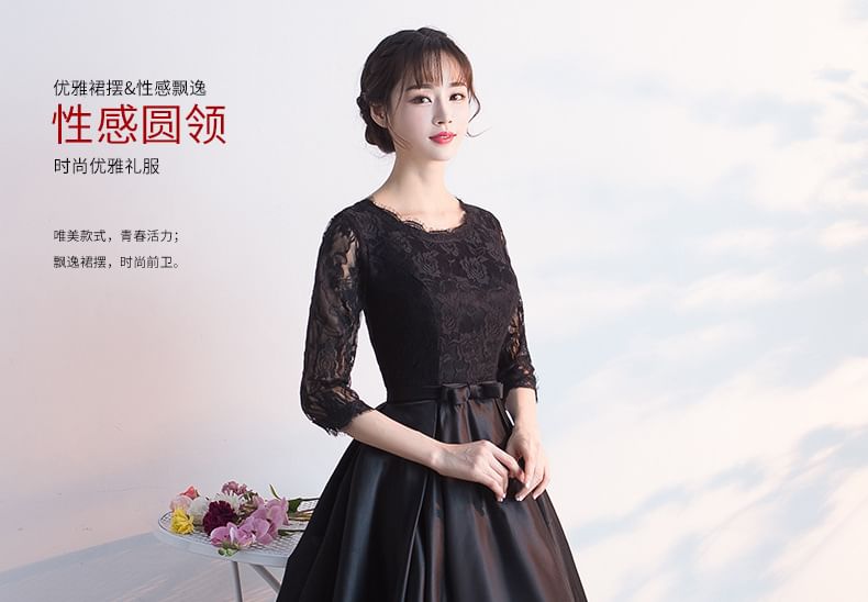 3/4 Neck Lace Satin Evening Panel A-Line Sleeve Bow Gown Round Plain