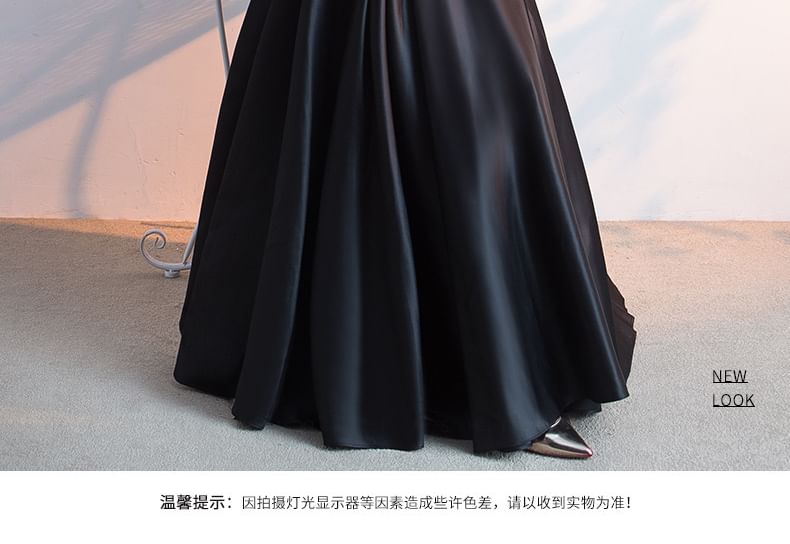 3/4 Neck Lace Satin Evening Panel A-Line Sleeve Bow Gown Round Plain