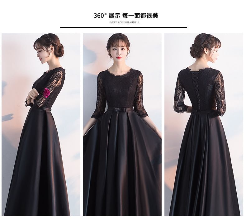 3/4 Neck Lace Satin Evening Panel A-Line Sleeve Bow Gown Round Plain