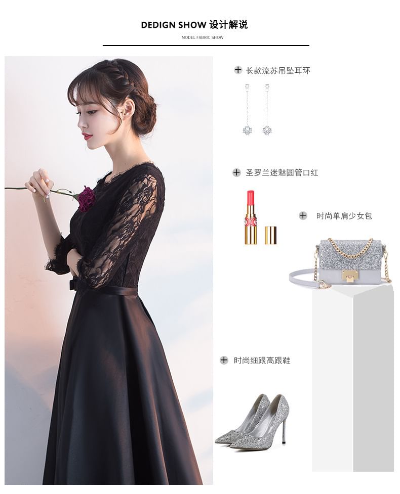 3/4 Neck Lace Satin Evening Panel A-Line Sleeve Bow Gown Round Plain