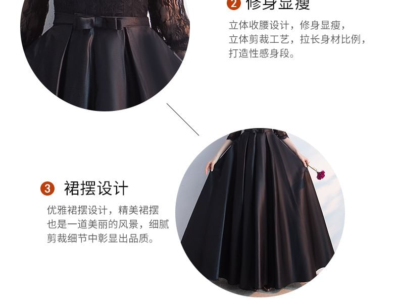 3/4 Neck Lace Satin Evening Panel A-Line Sleeve Bow Gown Round Plain