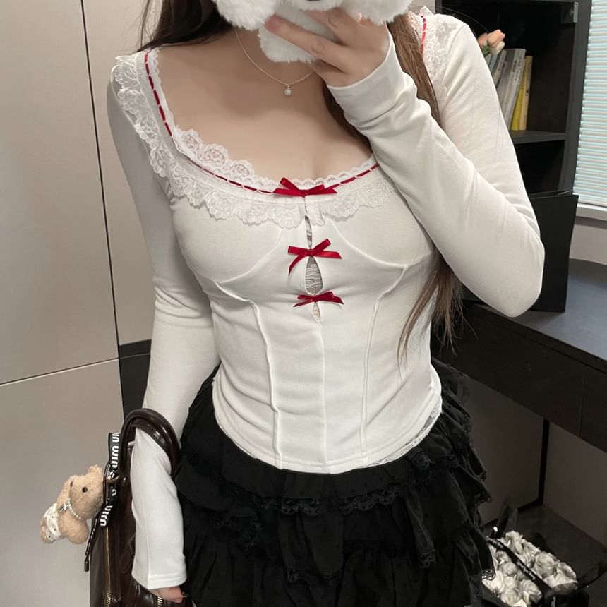 Lace Top Trim Square Long-Sleeve Neck