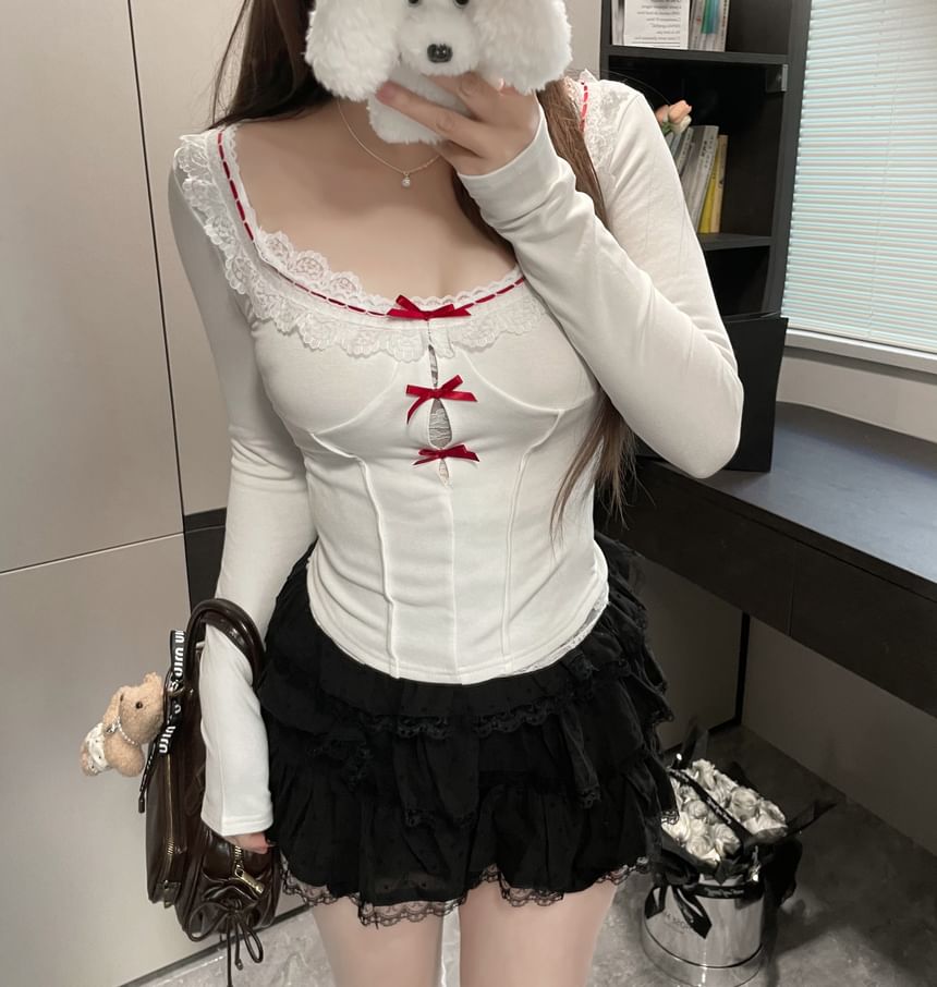 Lace Top Trim Square Long-Sleeve Neck