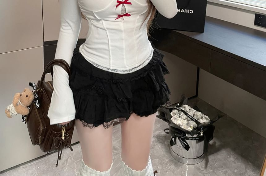 Lace Top Trim Square Long-Sleeve Neck