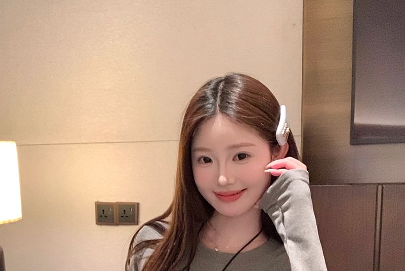 Long-Sleeve Top Plain Crewneck Ruffle