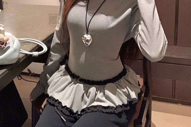 Long-Sleeve Top Plain Crewneck Ruffle
