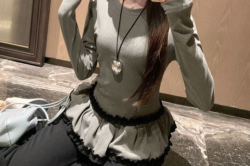 Long-Sleeve Top Plain Crewneck Ruffle