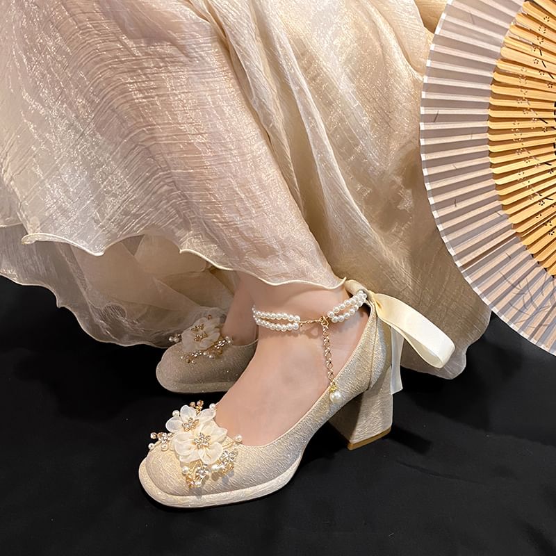 Jane Platform Pearl Faux Shoes Floral Heel Chunky Mary