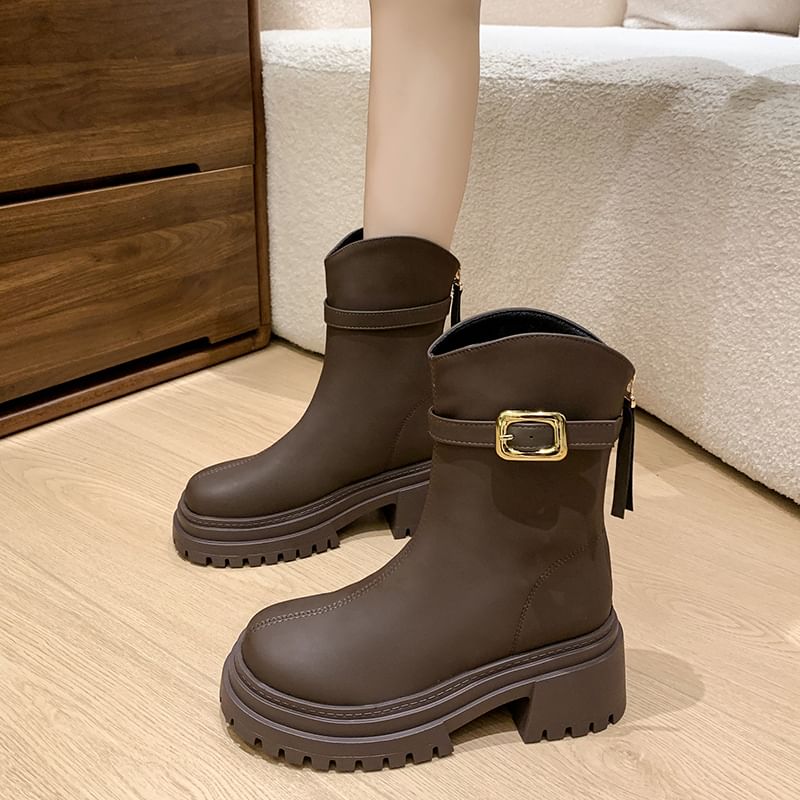 Heel Boots Short Buckled Chunky
