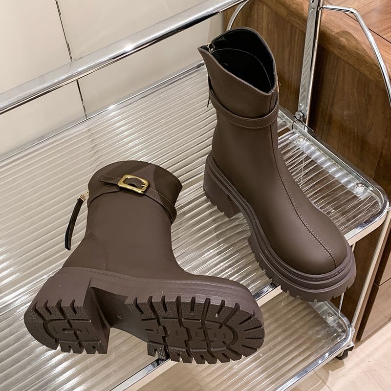 Heel Boots Short Buckled Chunky