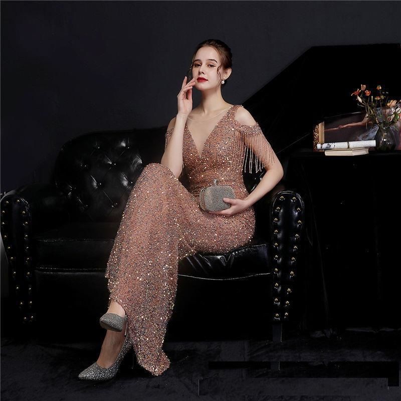 Mermaid Mesh Sequin Boatneck Gown Short-Sleeve Evening