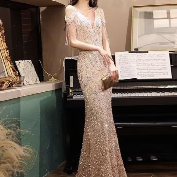 Mermaid Mesh Sequin Boatneck Gown Short-Sleeve Evening