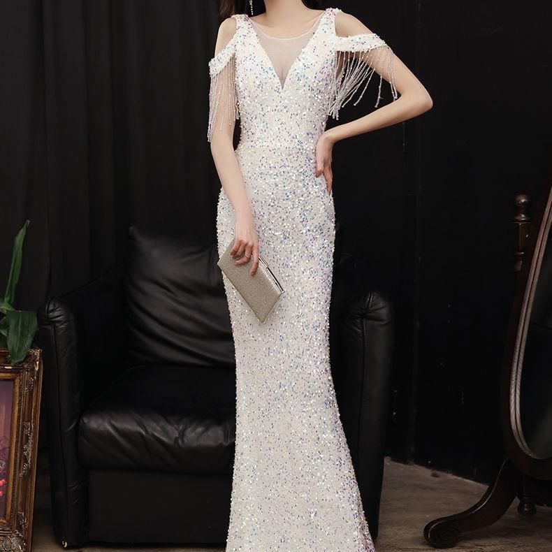 Mermaid Mesh Sequin Boatneck Gown Short-Sleeve Evening