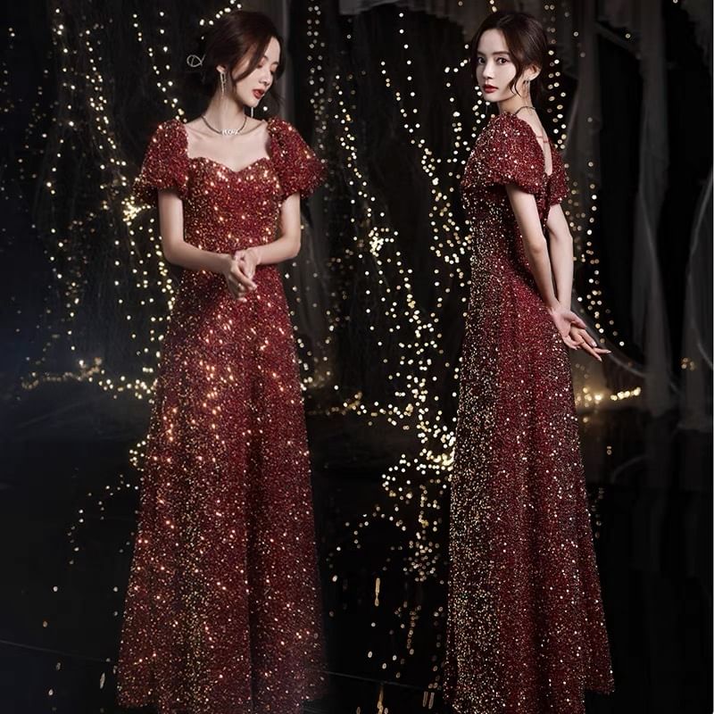 Evening Sequin A-Line Gown Neckline Short-Sleeve Sweetheart