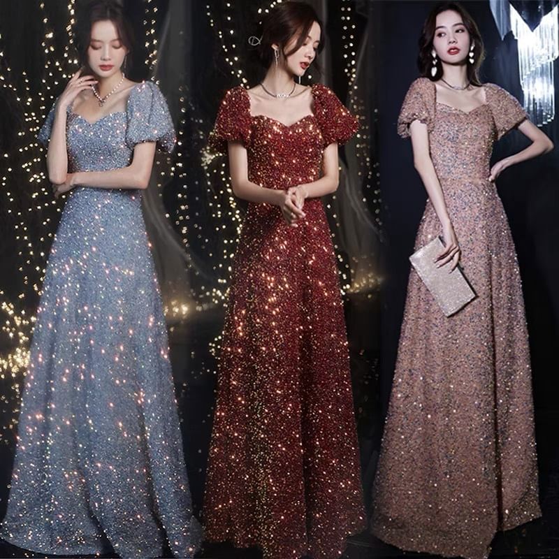 Evening Sequin A-Line Gown Neckline Short-Sleeve Sweetheart