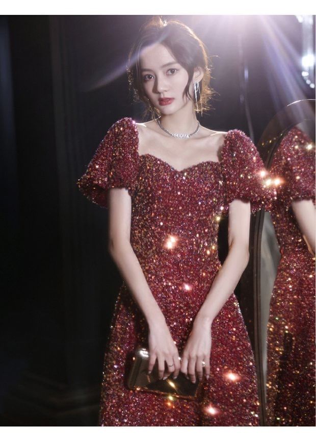 Evening Sequin A-Line Gown Neckline Short-Sleeve Sweetheart